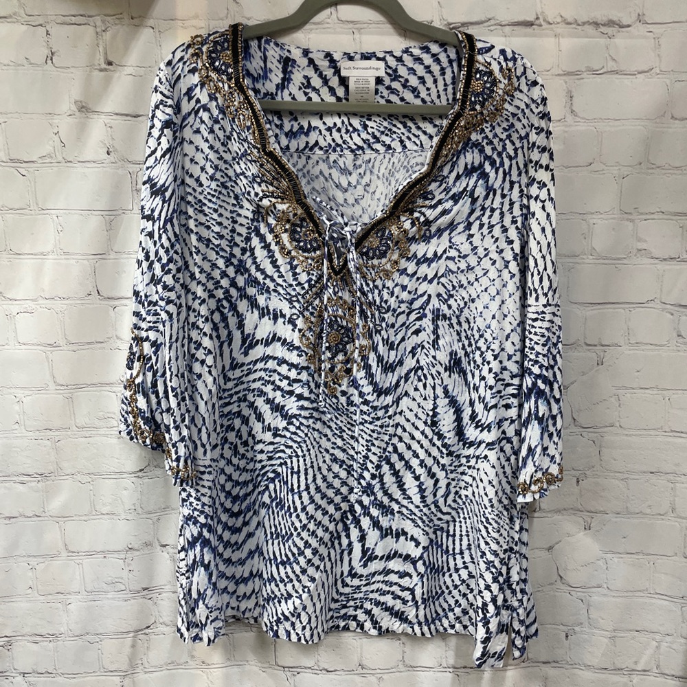 Soft Surroundings beaded neck & sleeves tie dye look medium tunic top